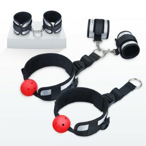 BDSM Handcuffs with Mouth Ball Gag Fetish Erotic Toys Bed Restraint